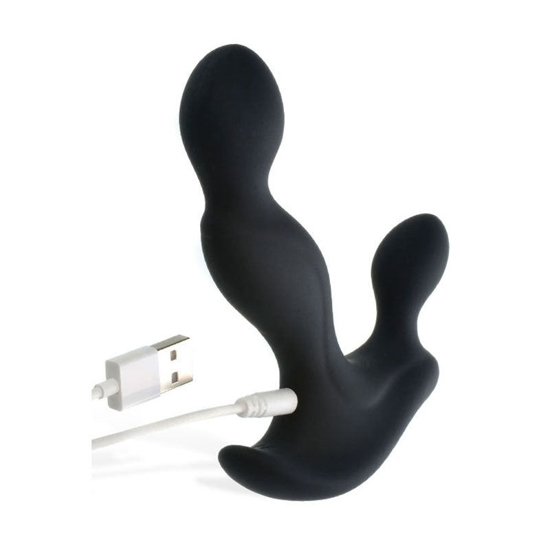 The Adam & Eve Adams Vibrating Triple Probe is a black, ergonomically designed personal massager with a smooth, curved shape. It features two protrusions, offers multiple vibration speeds for tailored comfort, includes a USB cable for recharging, and boasts a waterproof and soft matte texture.