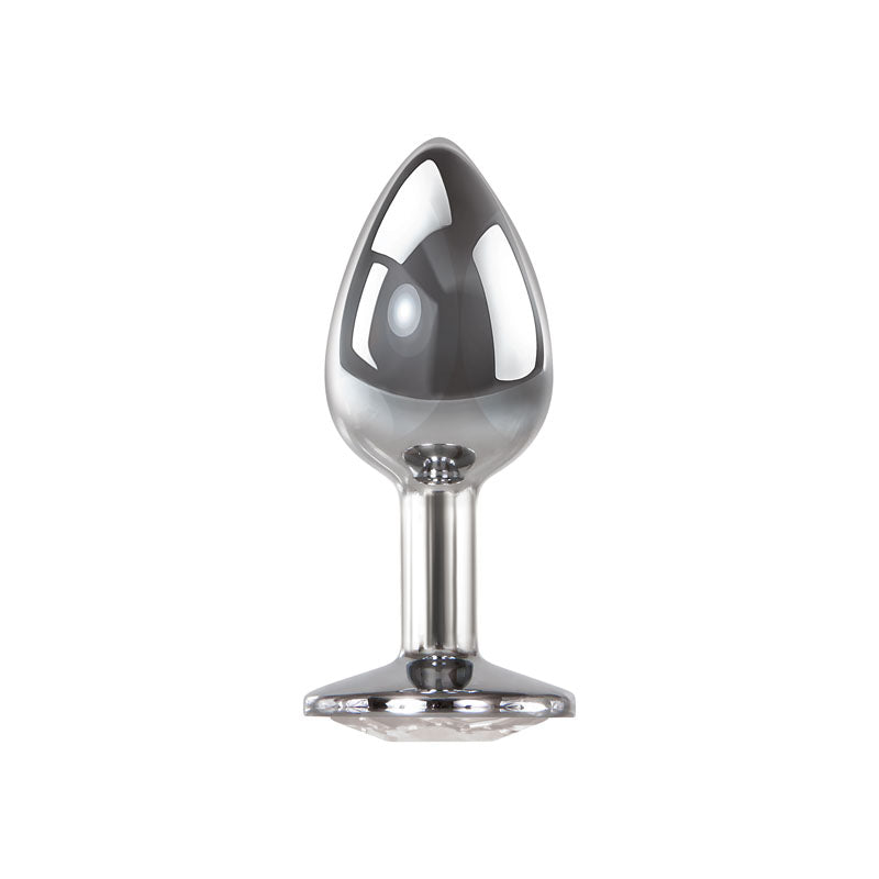 The Adam & Eve Clear Gem Anal Plug - Small is a metallic plug made of body-safe polished aluminum, featuring a tapered bulbous top and narrow neck. Its chrome-like finish captures light beautifully against white backgrounds. Ideal for temperature play, it includes a clear gem base.