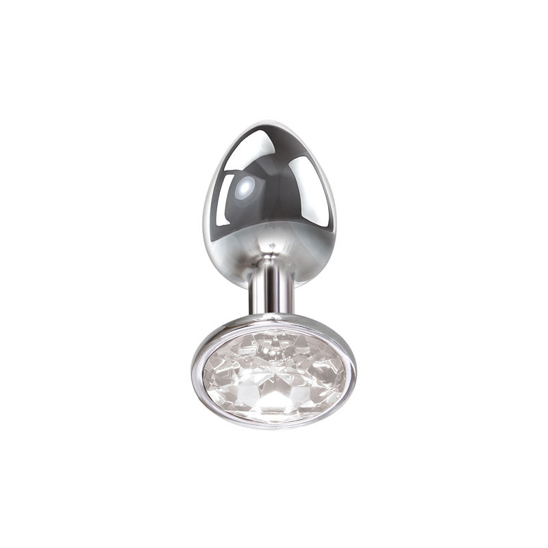 The Adam & Eve Clear Gem Anal Plug features a chrome-finished teardrop shape made from polished, body-safe aluminum. Its large, round base highlights a clear diamond-like gem. With sleek and reflective surfaces, its ideal for temperature play and boasts a modern aesthetic. Length: 7.1 cm.