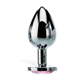 The Adam & Eve Pink Gem Anal Plug is a medium-sized, polished aluminum plug with a tapered bulbous shape and wide base featuring a pink gem. Its chrome-colored surface is perfect for temperature play, reflecting stunning highlights and shadows.