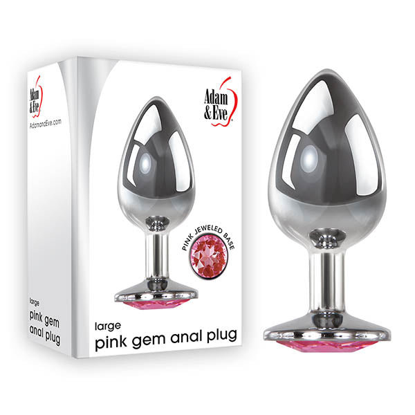 A large silver metal plug with a pink gem is displayed beside its elegant white packaging, showcasing the Adam & Eve brand and labeled as the Adam & Eve Pink Gem Anal Plug - Large, ideal for adventurous anal play enthusiasts.