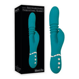 The image shows the Adam & Eve Eves Rechargeable Thrusting Rabbit in green, a 22.9 cm USB rechargeable thrusting rabbit vibrator with dual motors and a smooth, curved silicone shaft with metal accents. Its black box displays the product image and name.