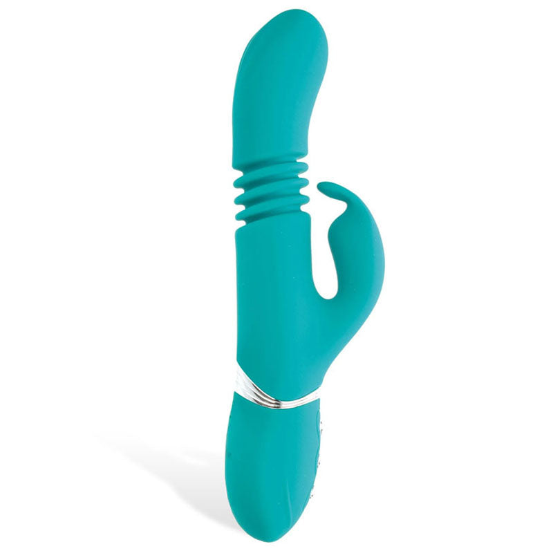 The Adam & Eve Eves Rechargeable Thrusting Rabbit is a green, 22.9 cm USB rechargeable vibrator featuring dual motors, a curved silicone shaft with ribbed detail, and a secondary clitoral arm. Its metallic-ringed base has button controls for streamlined personal use.