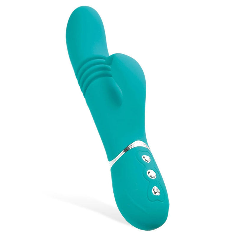 The Adam & Eve Eves Rechargeable Thrusting Rabbit in teal features a ribbed silicone shaft, curved tip, and dual vibrating motors for enhanced pleasure. It has silver accents and three metallic control buttons on an ergonomic handle, set against a white background, offering an exquisite experience.