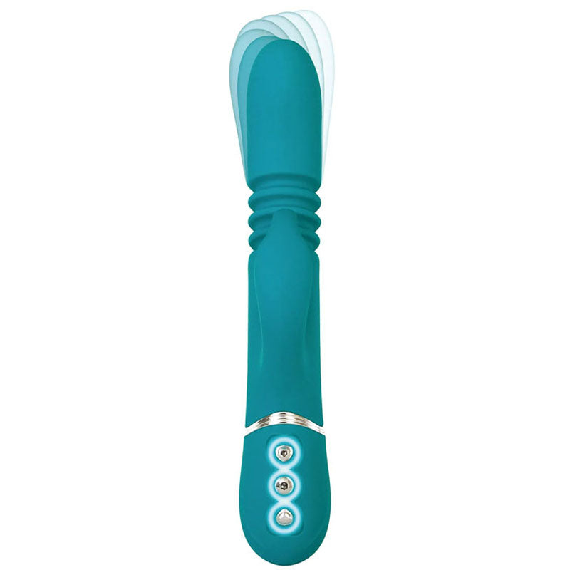 The Adam & Eve Eves Rechargeable Thrusting Rabbit features a teal silicone ergonomic design with dual vibrating motors, three base buttons, and a gradient overlay for flexible motion. A silver band distinguishes the handle from the shaft. USB rechargeable and measures 22.9 cm (9).