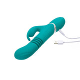 A green vibrator, the Adam & Eve Eva Rechargeable Thrusting Rabbit, 22.9 cm in length, offers dual-action vibration with a curved silicone shaft and ribbed textures. It features dual motors, a flexible arm, a white USB charging cable for recharging at its base, and silver accents.