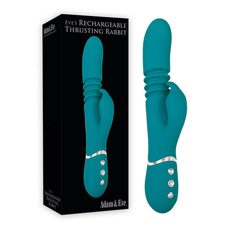 The image shows the Adam & Eve Eves Rechargeable Thrusting Rabbit, a green 22.9 cm silicone vibrator with dual motors and an external stimulator, metallic accents, and three control buttons at the base beside sleek black packaging highlighting the product name and brand.