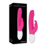 Packaging and product image of the waterproof Adam & Eve Eves Realistic Rabbit Vibrator. It is pink with a white base featuring speed controls and dual stimulation parts. The black box showcases the product name in white. Its 21.6 cm, USB rechargeable, from brand Adam & Eve.