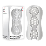 The product image shows a clear, textured sleeve with circular bumps and soft pleasure nubs for enhanced suction sensations. The Adam & Eve box displays the website and product name Adam & Eve Triple Chamber Ball Drainer - Clear Masturbator Sleeve in bold black text.