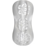 The Adam & Eve Triple Chamber Ball Drainer - Clear Masturbator Sleeve, with its hourglass shape, features textured transparent silicone and bubble-like patterns. It resembles a soft stroker with tactile pleasure nubs, highlighting its flexibility and squeezability.