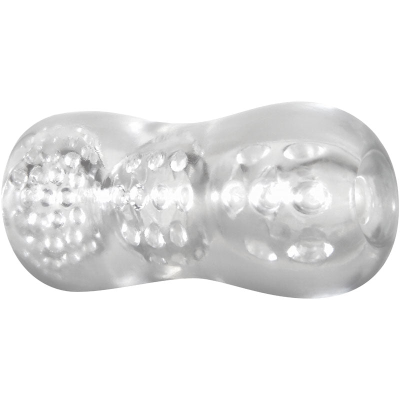 The Adam & Eve Triple Chamber Ball Drainer - Clear Masturbator Sleeve is a transparent, textured cylinder with bulbous ends and raised nubs. Made of smooth, shiny material like glass or plastic, it resembles a soft, stretchy stroker for unique sensations.