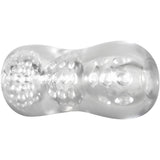 The Adam & Eve Triple Chamber Ball Drainer is a clear, hourglass-shaped masturbator sleeve with pleasure nubs and raised bumps at both ends. Its narrower middle section and glossy finish enhance the soft, stretchy design.