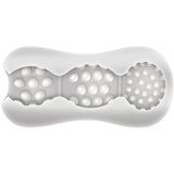 Image of the Adam & Eve Triple Chamber Ball Drainer - Clear Masturbator Sleeve: a white, textured cylinder with an undulating surface. It has clusters of round indentations resembling pleasure nubs and a grooved design divided into three sections, each featuring the enticing pattern.