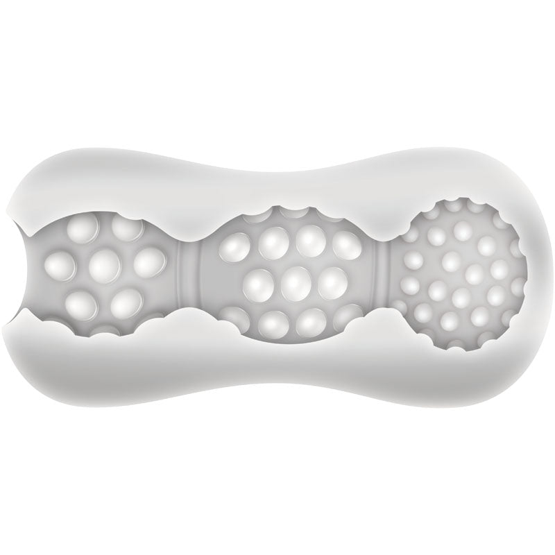 The Adam & Eve Triple Chamber Ball Drainer is a clear, flexible masturbator sleeve featuring a cross-section of white, cylindrical chambers filled with textured, oval-shaped bumps and clusters of bulbous pleasure nubs, offering varying sizes for enhanced tactile appeal.