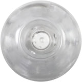 A top-down view of the Adam & Eve Triple Chamber Ball Drainer - Clear Masturbator Sleeve reveals a transparent, thick-base design. Light reflections create circular patterns, reminiscent of pleasure nubs. The plain white background enhances its smooth and clear allure.