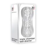 The Adam & Eve Triple Chamber Ball Drainer - Clear Masturbator Sleeve features sleek packaging that highlights a translucent, textured design with bubble-like chambers. Offering intense suction and enhanced by pleasure nubs, the package includes the brand logo and website at the top.