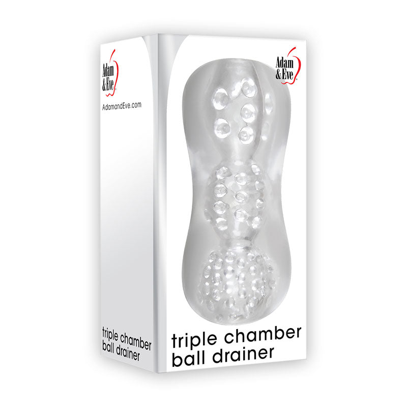 The packaging for the Adam & Eve Triple Chamber Ball Drainer - Clear Masturbator Sleeve is white with a photo of the product showcasing its three textured chambers. Crafted from soft, stretchy TPE for enhanced suction, the box features the Adam & Eve logo in the top right corner.