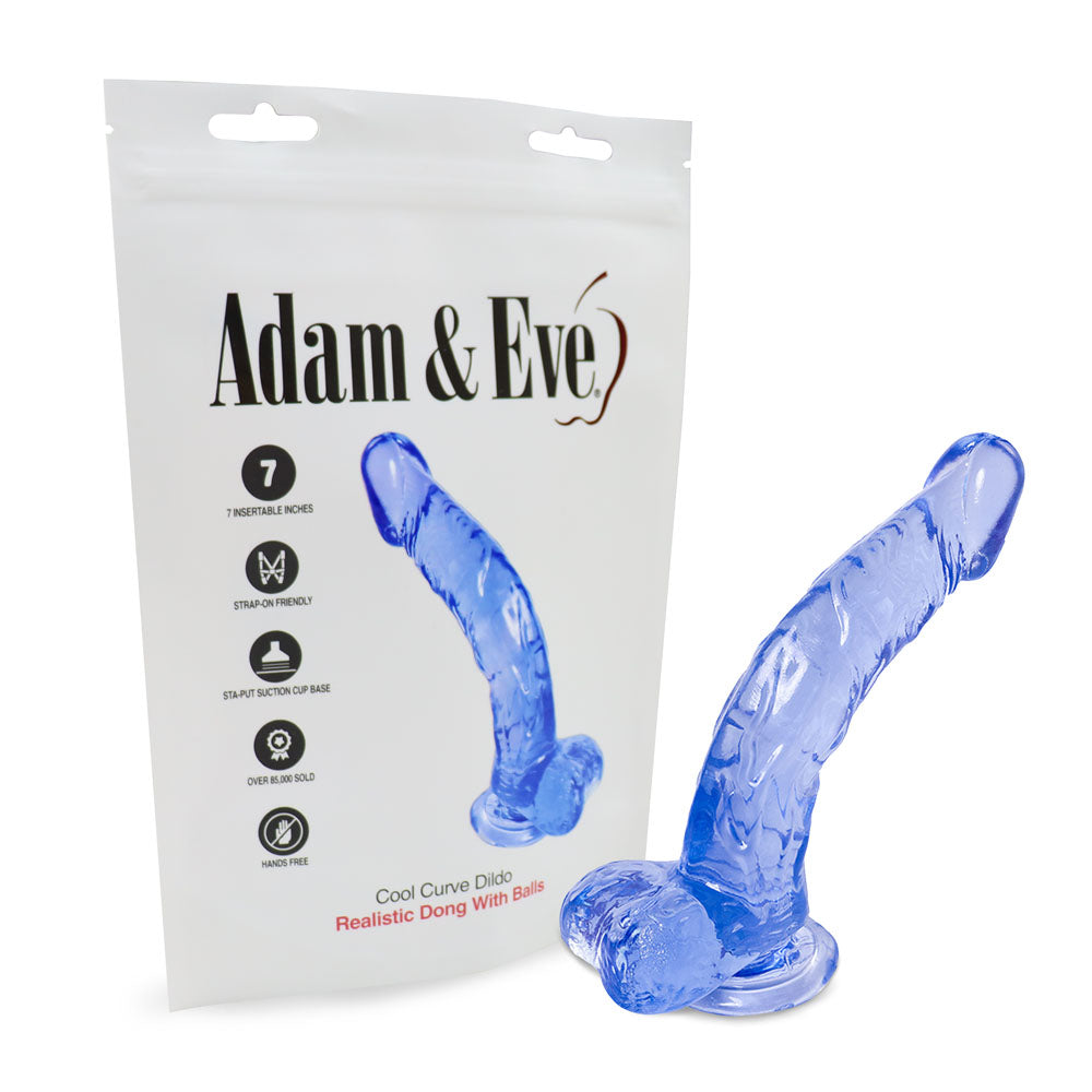 A clear, curved jelly dong named Adam & Eve Cool Curve Jelly Dong - Clear 21.6 cm Dong is showcased with its packaging highlighting 7 insertable inches, a versatile suction cup base, and waterproof features with detailed product icons.