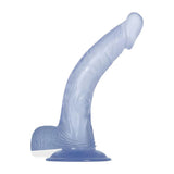 The Adam & Eve Cool Curve Jelly Dong is a 21.6 cm semi-transparent, bluish dildo with a G-spot-friendly design. It includes realistic detailing, texture, a defined base, and a suction cup for secure placement. Its carefully crafted curve targets stimulation effectively.