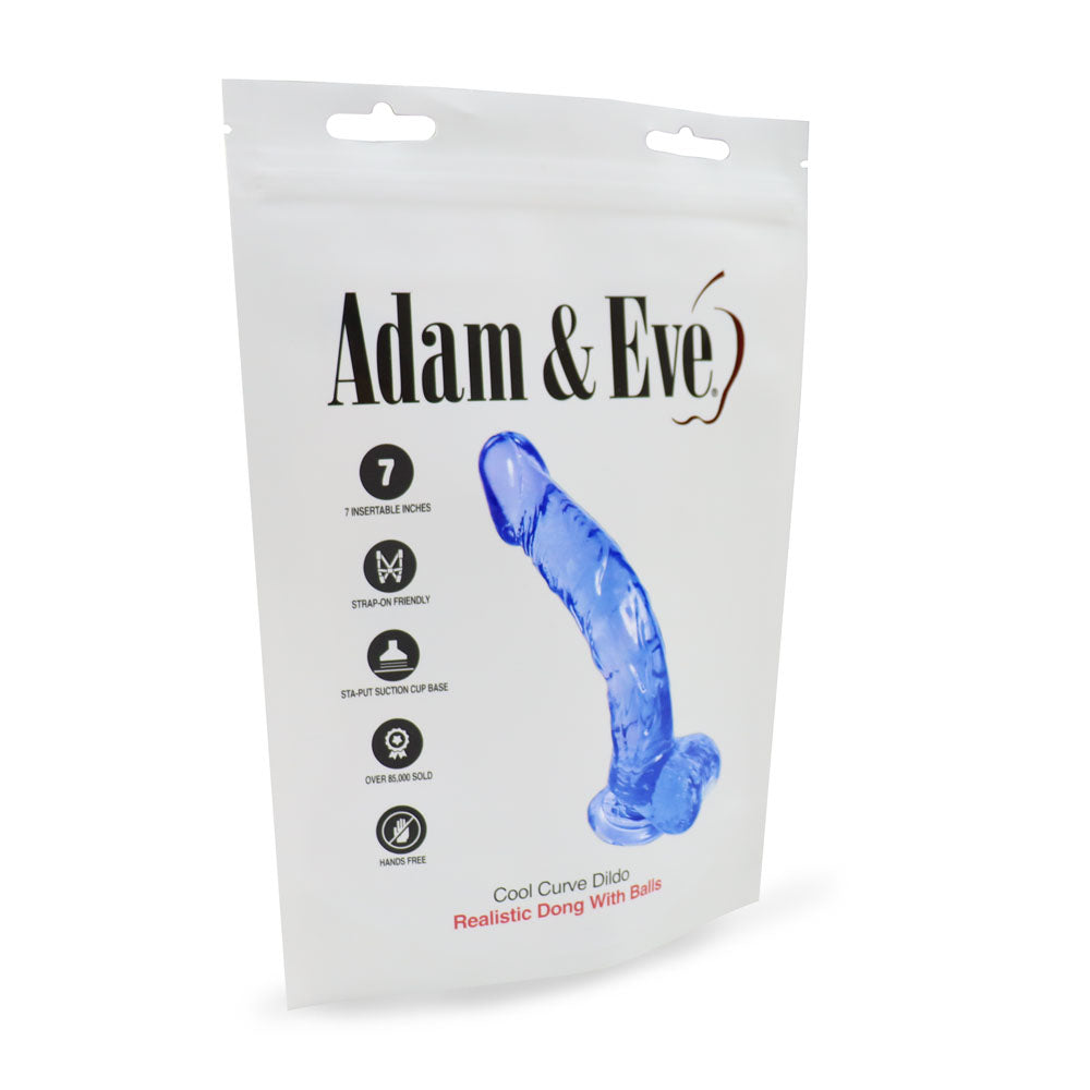 A white package features the Adam & Eve Cool Curve Jelly Dong, a clear blue dildo with a curved design and balls. The packaging highlights 7 insertable inches, strap-on friendly, over 1 million sold, and includes a suction cup base for versatile, waterproof use.