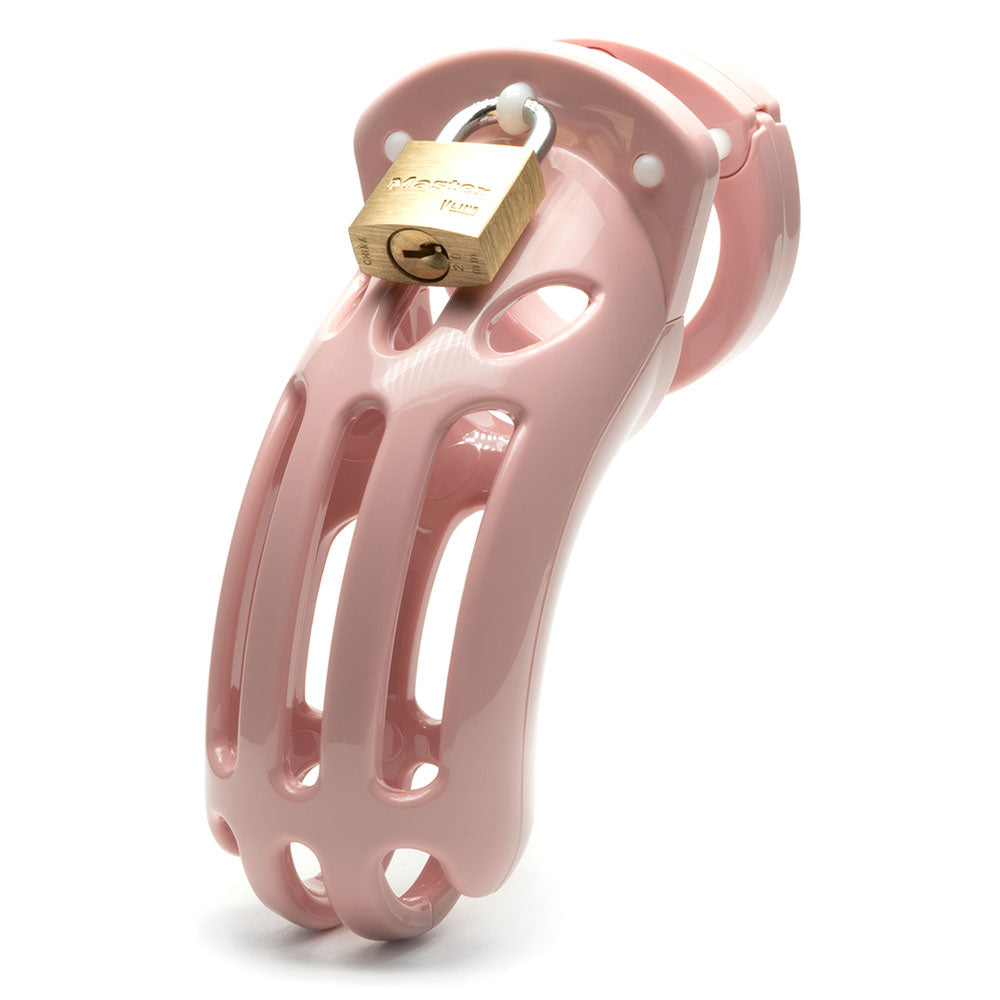 The Curve Chastity Cock Cage Kit - Pink features a pink plastic design with vertical openings and a secure top lock. Its curved, smooth structure ensures a custom fit while offering ventilation slots for comfort.