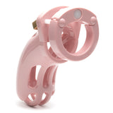 The Curve Chastity Cock Cage Kit in pink offers a 3.75-inch plastic cage with a smooth finish, featuring ventilated slots and a CB-X® circular locking mechanism for ergonomic design, secure fit, and custom comfort.