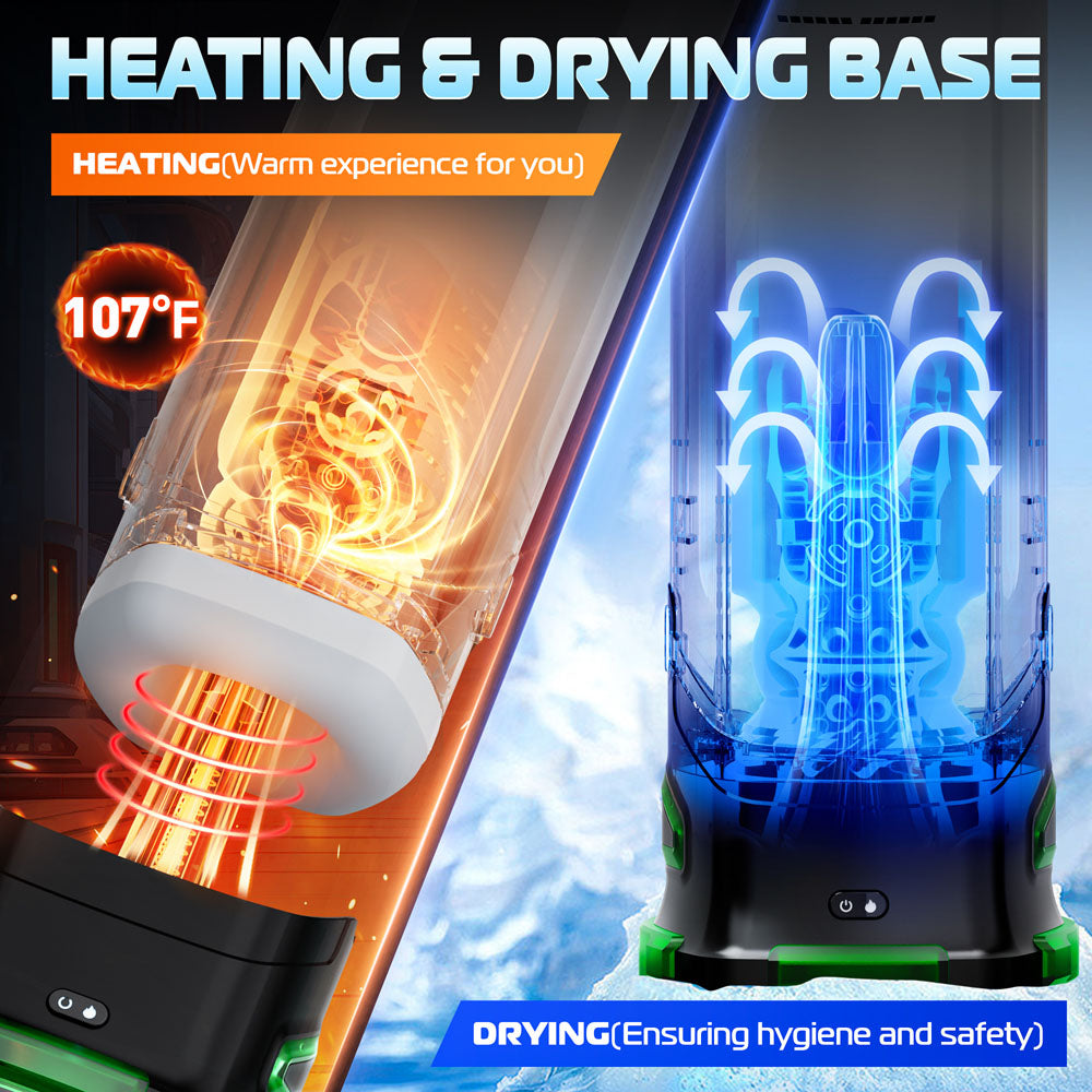 The HEATING & DRYING BASE illustration shows HEATING on the left with fiery graphics and 107°F for warmth, while the right features DRYING, ensuring hygiene and safety. Perfect with your CyberSkin B-Titan - Grey USB Rechargeable Thrusting & Vibrating Auto Masturbator with Heater.