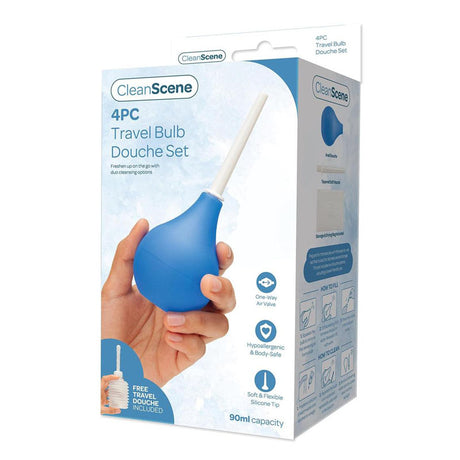 Buy CleanScene 4 Piece Travel Bulb Douche Set - 90 ml Capacity with Bonus 150 ml Travel Douche at NZ’s Mega Adult Toys Store. Discover premium sex toys with discreet shipping at the best price in NZ