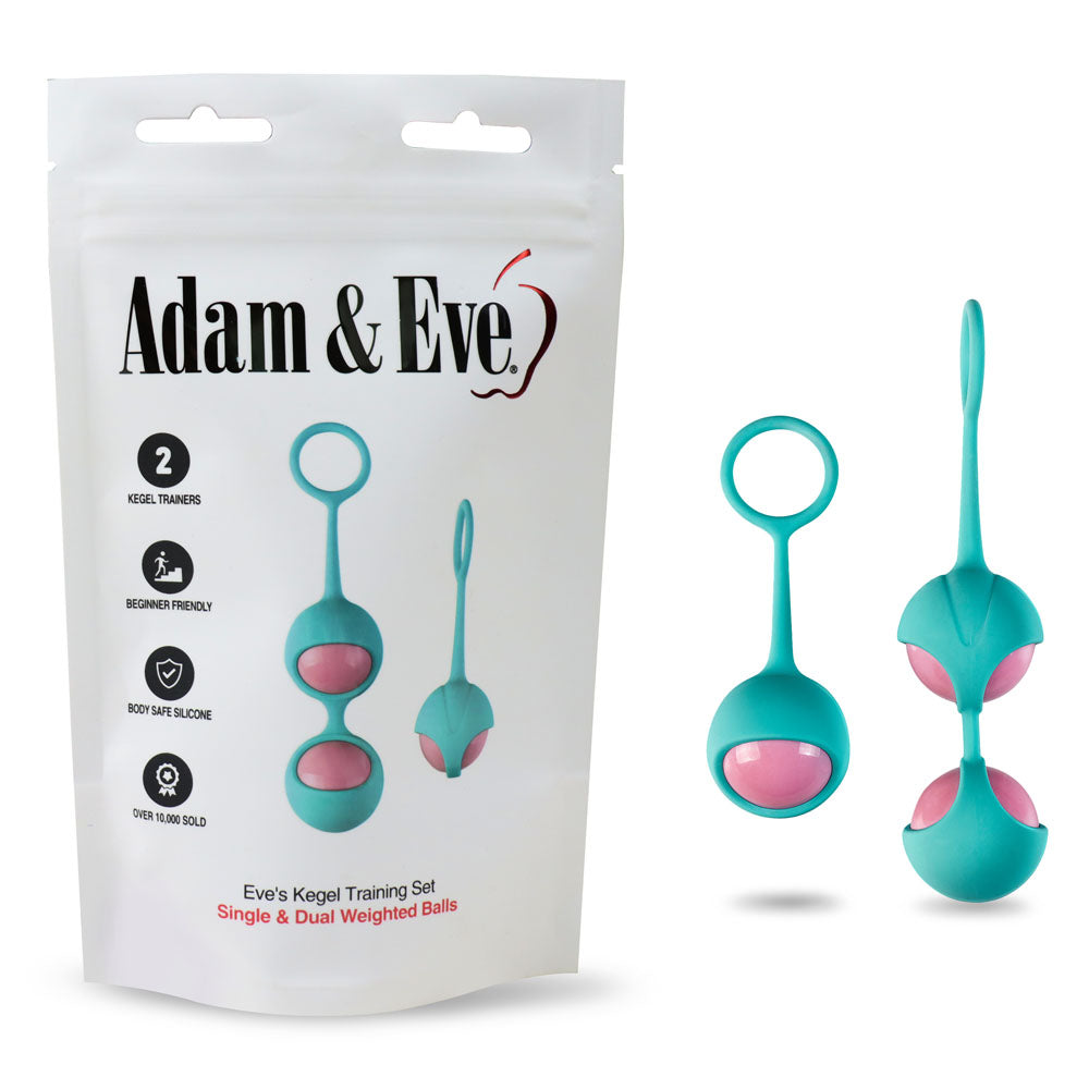 The Adam & Eve Eves Kegel Training Set packaging displays two teal/pink silicone kegel balls, perfect for muscle strengthening. It highlights 2 Kegel Trainers, Beginner Friendly, and Body Safe Silicone. Over 1,000 sold! Balls are shown both with and without packaging.