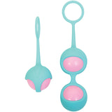 The Adam & Eve Eves Kegel Training Set includes a single teal kegel ball with a pink center and loop handle, and a set of connected balls in teal and pink for enhanced muscle flexibility and control.