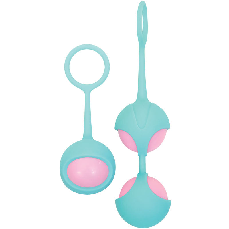 The Adam & Eve Eves Kegel Training Set features two trainers: a single light pink ball in turquoise casing with a looped handle, and another with two vertically connected light pink balls encased in turquoise, both designed for kegel muscle enhancement.