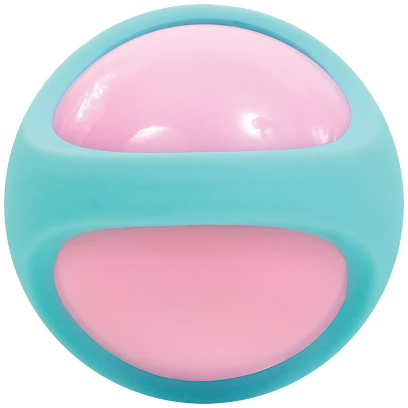 The Adam & Eve Eves Kegel Training Set features teal and pink kegel trainers shaped like a turquoise sphere with glossy pink circles, resembling a cartoon face. Made from smooth silicone, these playful weighted kegel balls add fun to any training set.