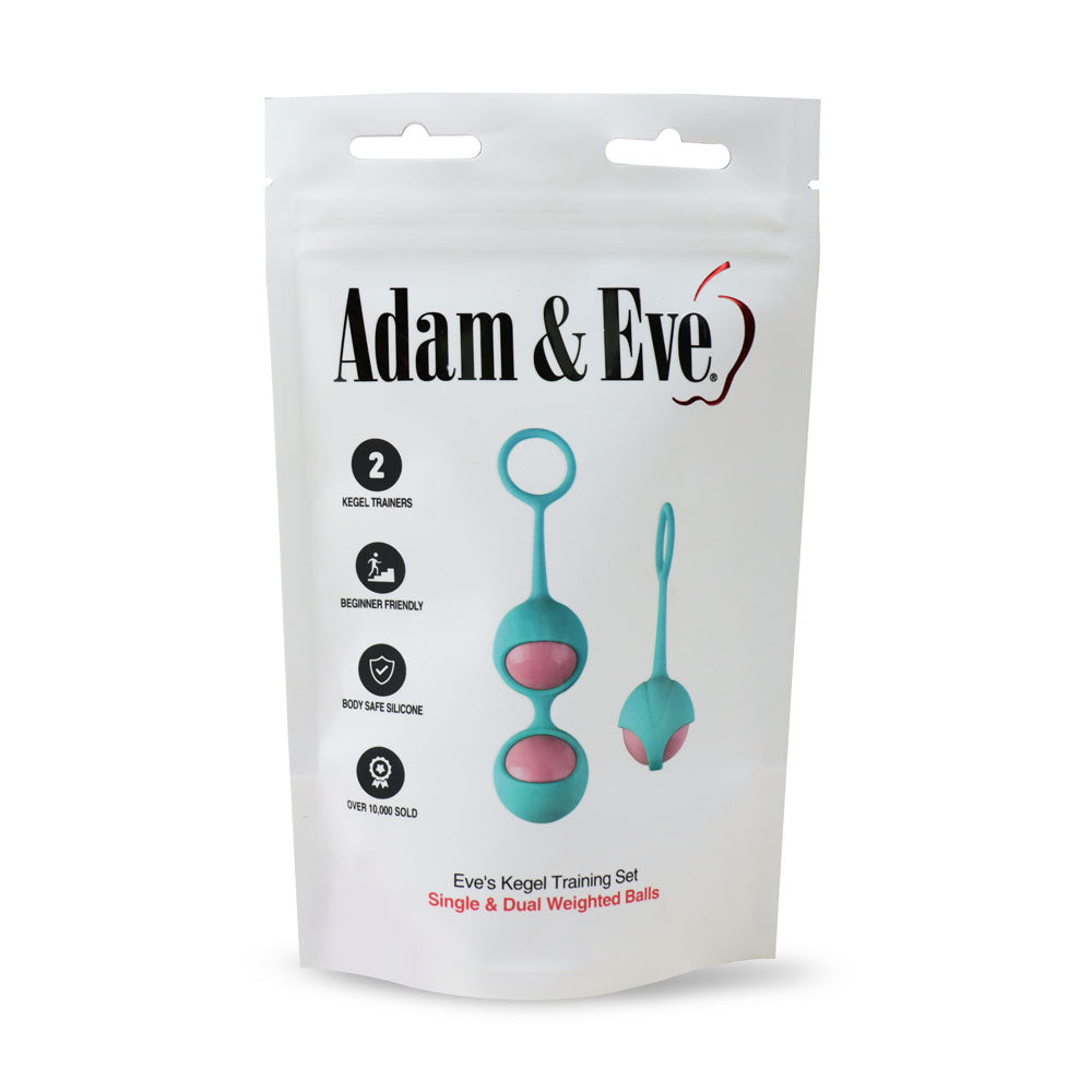 The Adam & Eve Eves Kegel Training Set features dual teal and pink kegel trainers in white packaging. Including single and dual-weighted, body-safe silicone balls, this Beginner Friendly set enhances orgasms.