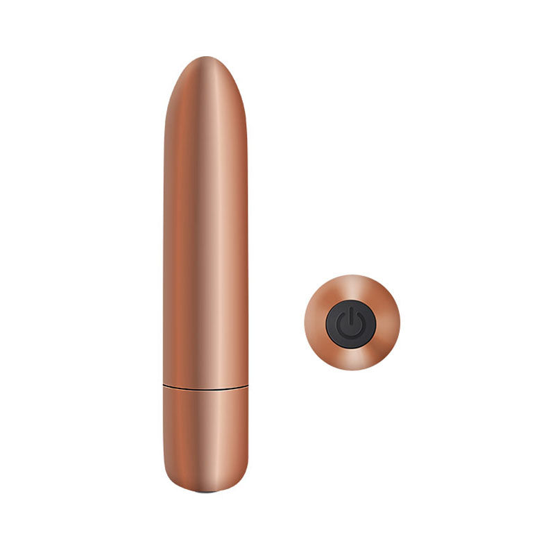 The Adam & Eve COPPER CUTIE Rechargeable Bullet features a sleek, metallic copper design with a smooth tip and a powerful 10-function motor. Accompanied by a separate round remote, it is modern, minimalist, USB rechargeable, and waterproof for discreet elegance.