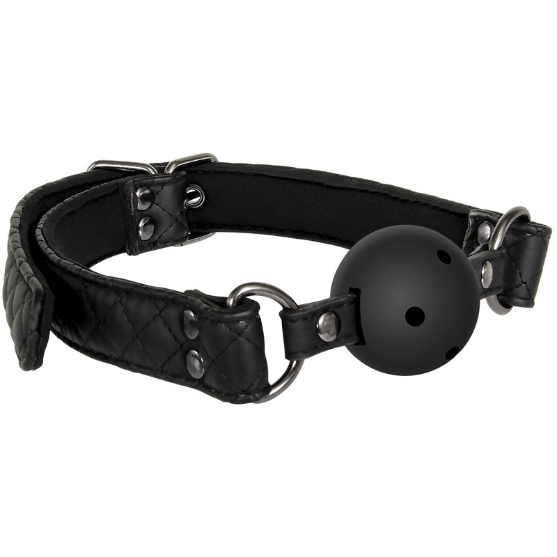 The Adam & Eve Eves Fetish Dreams Ball Gag features quilted vegan leather straps, an adjustable fit with metal buckles, silver rivets, O-rings on each side, and a breathable black ball with small holes.