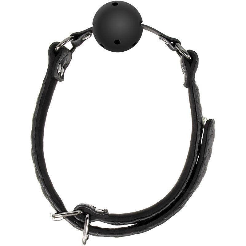 The Adam & Eve Eves Fetish Dreams Ball Gag is a black leather mouth restraint with a breathable, round ball and adjustable straps. It features a braided texture and metal buckles for a secure fit, with small holes in the ball for airflow.