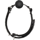 The Adam & Eve Eves Fetish Dreams Ball Gag is a black vegan leather mouth restraint featuring a round breathable ball with small holes and adjustable straps with metal buckles for a perfect fit, showcased against a clean white background.