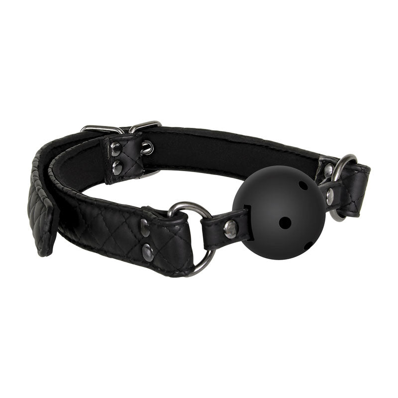 The Adam & Eve Fetish Dreams Advanced Bondage Set includes a black ball gag made from quilted vegan leather with an adjustable strap, metal rivets, and buckles. The sleek polished gag features small holes and is connected by metal rings, enhancing any bondage set.