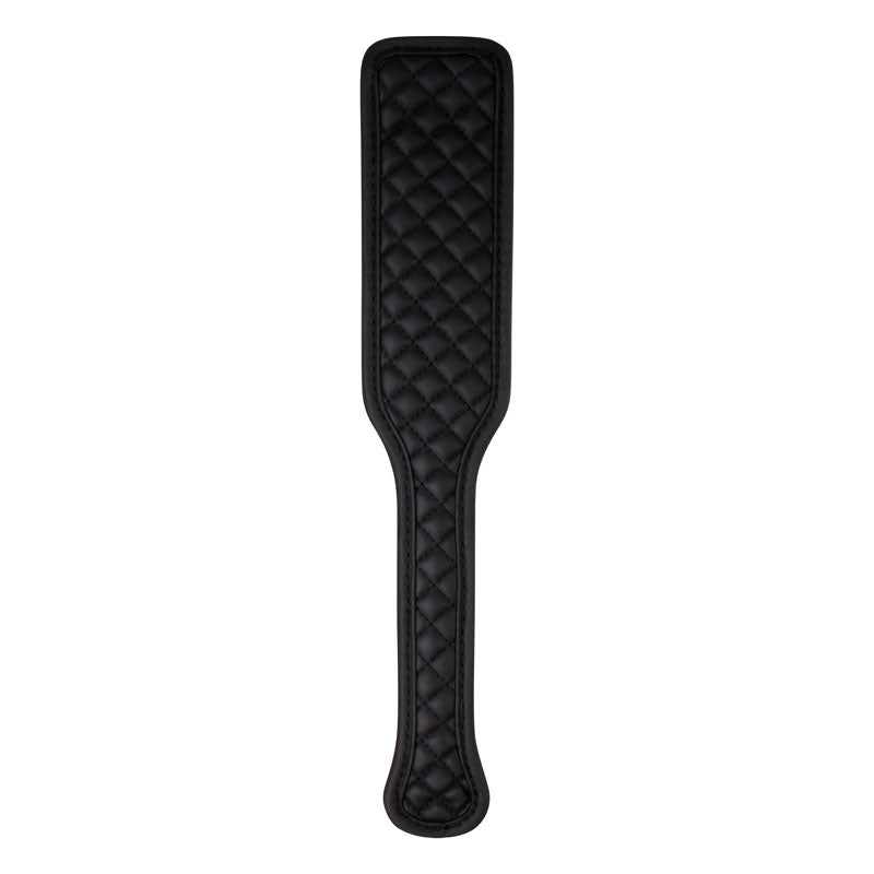 The Adam & Eve Fetish Dreams Advanced Bondage Set includes a sleek black vegan leather paddle with a diamond-quilted texture on the broad end and a plain handle, perfect for role-playing or adding elegance to a bondage set display.