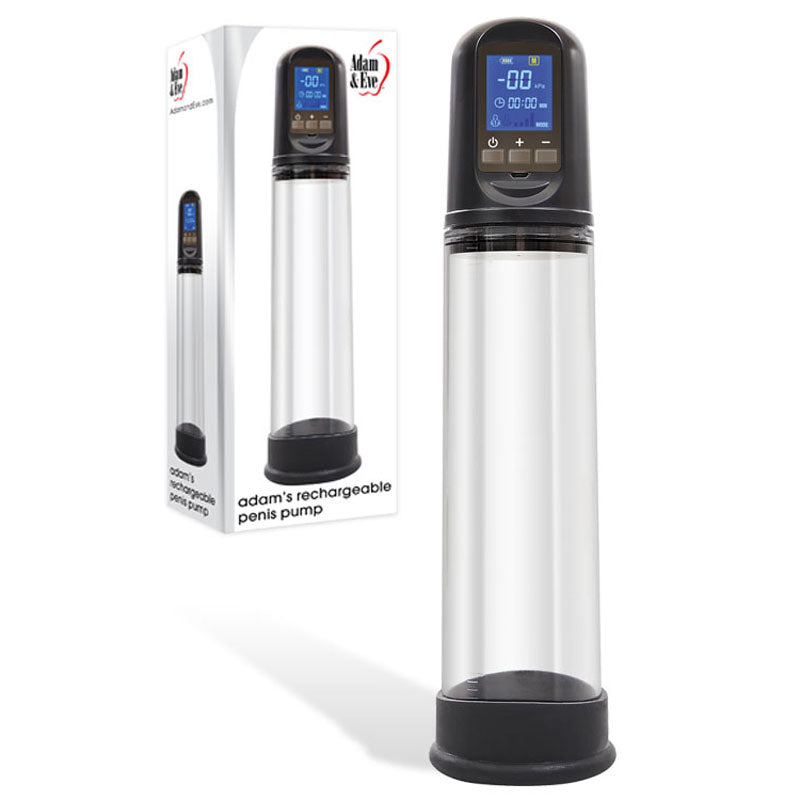 The Adam & Eve Rechargeable Penis Pump, a clear cylindrical device with USB charging, features a digital display for precise control. Shown beside its packaging, it emphasizes erection enhancement through advanced technology and sleek design.