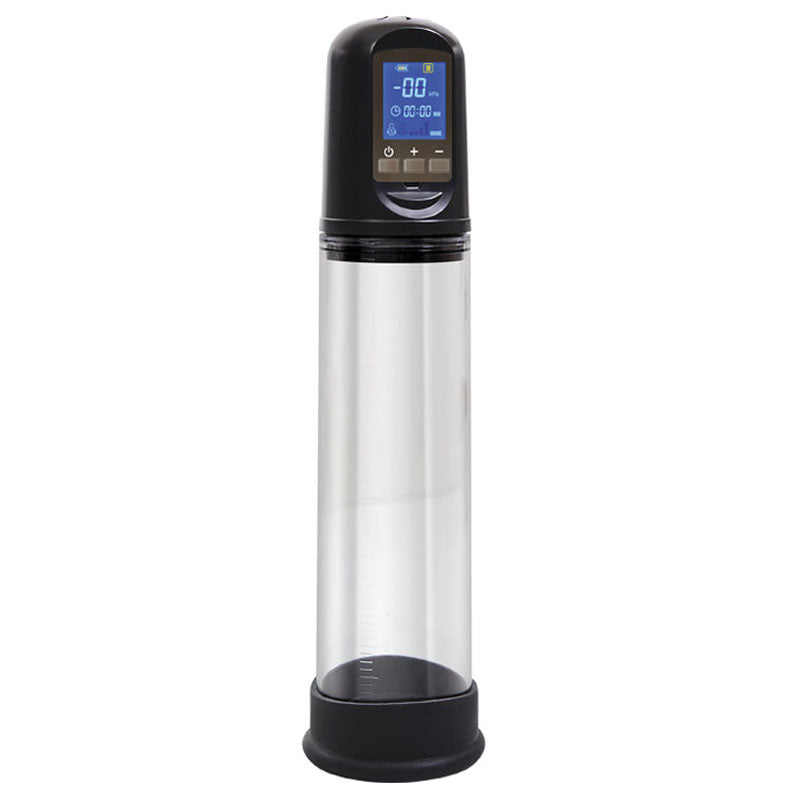 The Adam & Eve Rechargeable Penis Pump features a transparent cylindrical design with a black base and top. The top includes a digital display for numbers and icons, along with a button panel, suggesting its an electronic gadget for erection enhancement.