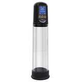 The Adam & Eve Rechargeable Penis Pump features a transparent cylindrical design with a black base and cap. It includes advanced pump technology, an LED display with multiple control buttons, and numeric readings for precision to aid in achieving harder erections.