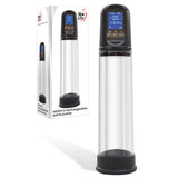 The Adam & Eve Rechargeable Penis Pump, a clear cylindrical device with a black top featuring a digital display and buttons, is showcased beside its packaging. The packaging emphasizes advanced pump technology for harder erections, branded against a plain white background.