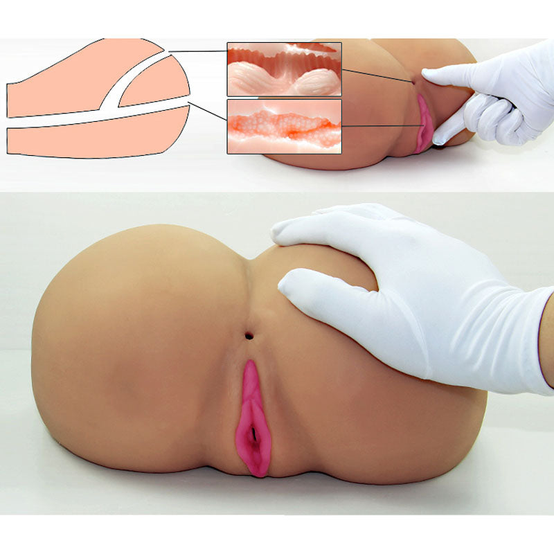 The Feel Me Bare Giga Ass Masturbator - Flesh Lifesize Mega Masturbator features a phthalate-free TPE pelvic model. A gloved hand reveals its intricate textures, while an inset diagram offers detailed cross-sectional views for studying anatomical features.