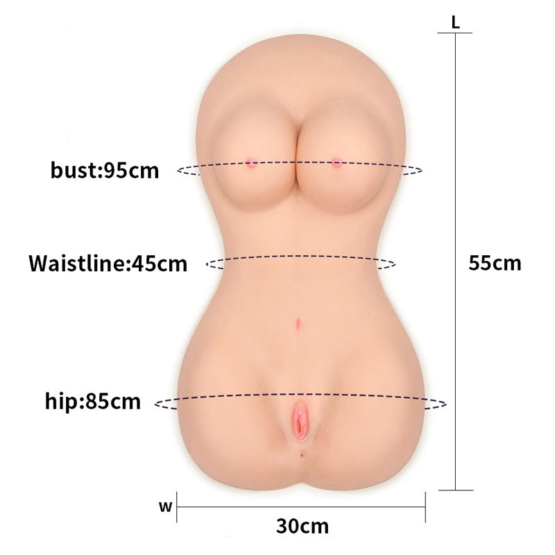 The Feel Me Bare Mega Masturbator, a lifelike silicone doll, features detailed female curves with bust 95 cm, waist 45 cm, and hip 85 cm measurements. Set on a white background with black measurement lines and labels, it accurately represents the form.