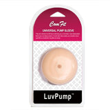 Packaging of the LuvPump ComFit Universal Pump Sleeve features a flesh-toned, donut-shaped sleeve designed to enhance comfort and sustain erections during pumping sessions, with top text emphasizing ComFit.