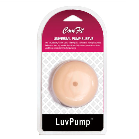 Packaging of the LuvPump ComFit Universal Pump Sleeve features a flesh-toned, donut-shaped sleeve designed to enhance comfort and sustain erections during pumping sessions, with top text emphasizing ComFit.