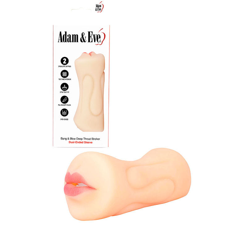 The image shows the Adam & Eve Bang & Blow Deep Throat Stroker, a dual-ended stroker with pink lips made from realistic-feel material. Set against a white background, the package emphasizes its design and pricing.