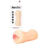 The image shows the Adam & Eve Bang & Blow Deep Throat Stroker, a dual-ended stroker with pink lips made from realistic-feel material. Set against a white background, the package emphasizes its design and pricing.