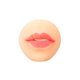 Viewed from the front, the Adam & Eve Bang & Blow Deep Throat Stroker features lifelike lips, slightly parted and colored in pink against a skin-toned backdrop, resembling a faceless visage highlighted only by these realistic-feel lips.